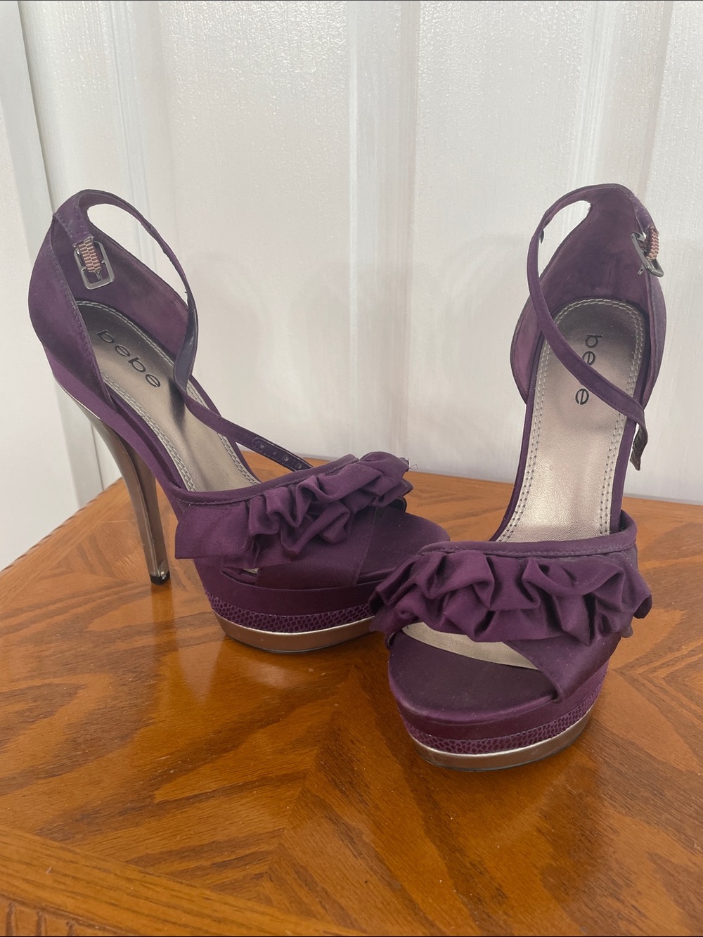 bebe Plum Ruffle Platform Stiletto Sandals